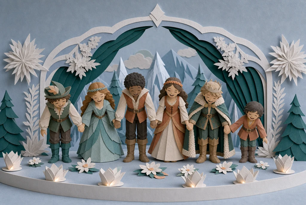 Paper-cutout performers taking a joyful curtain call
