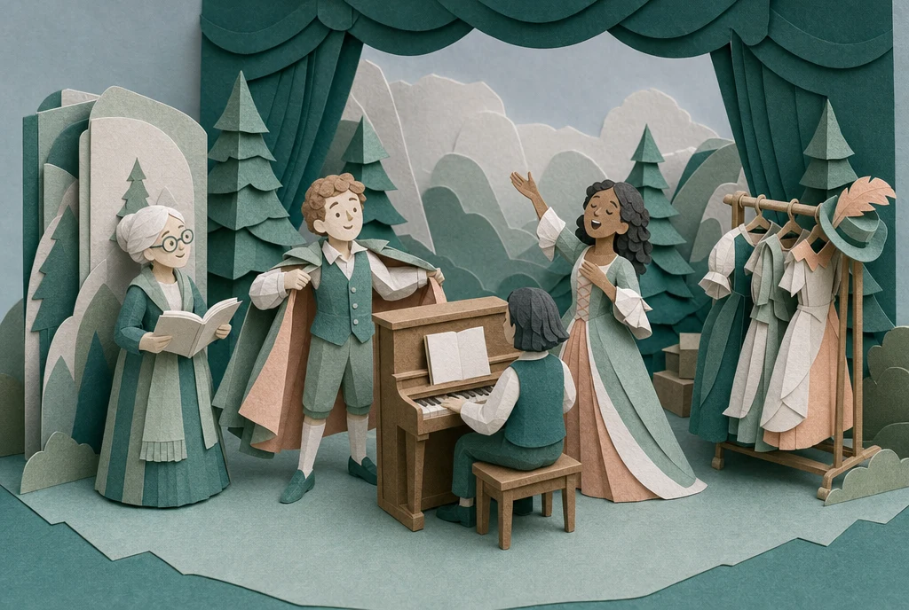 Illustrated paper-cutout cast rehearsing with a pianist
