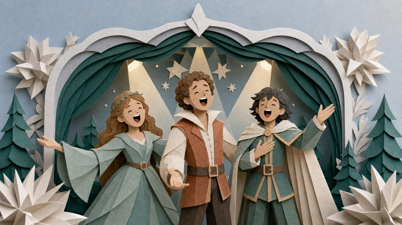 Paper-cutout trio singing beneath stage lights
