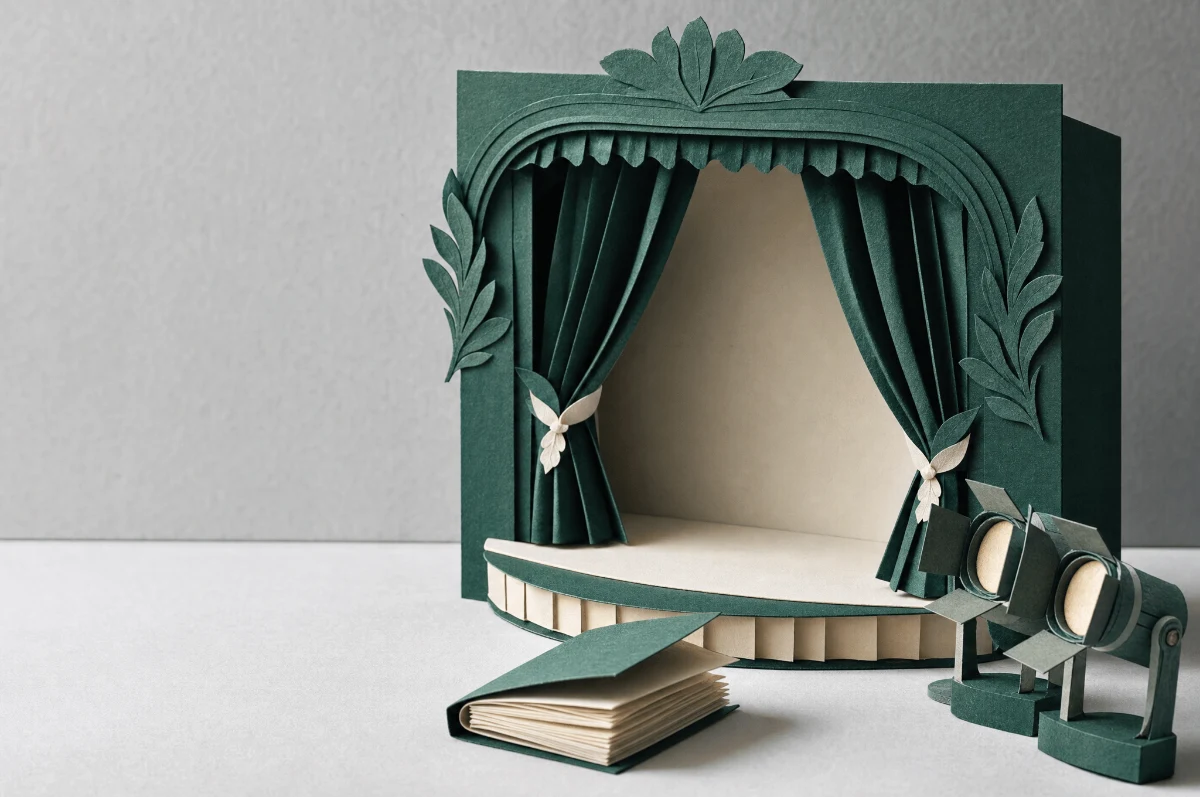 Miniature paper theater with evergreen curtains